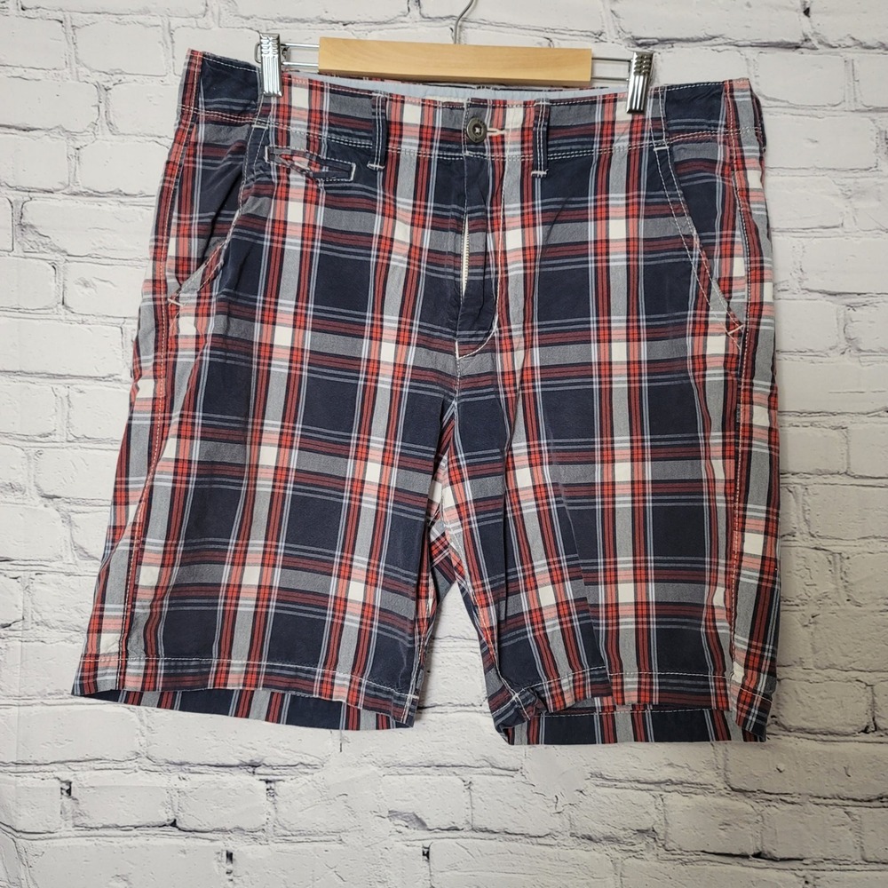 American Eagle Mens Plaid Shorts 36 Classic Preppy Length Navy Blue Red Cotton